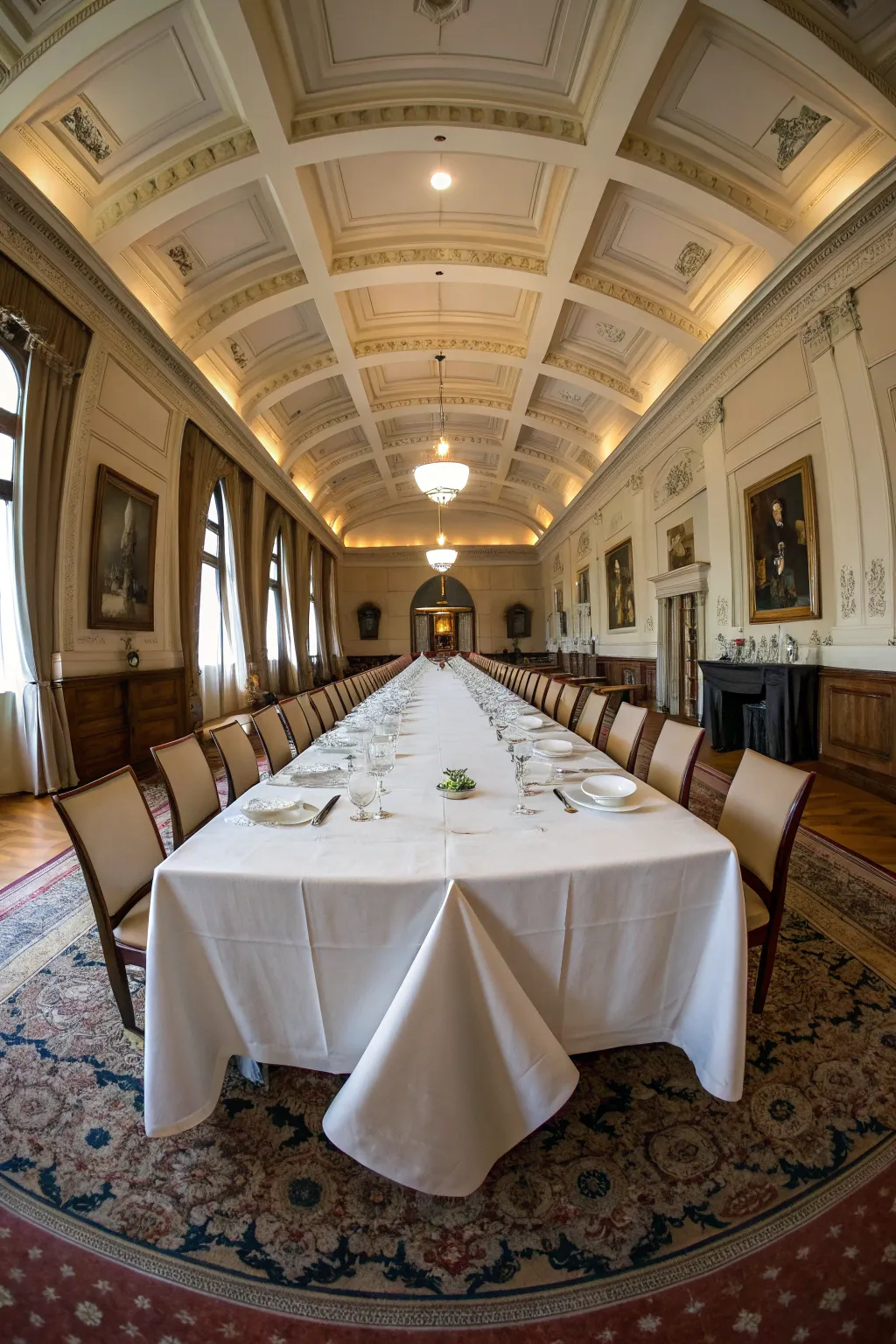 A full view of a luxury dining room with a heavy white linen tablecloth featuring sharp mitered corners.