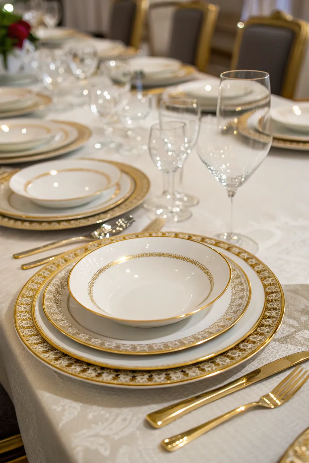 Stacks of fine bone china with hand-painted gold rims on a fully set luxury dinner table.