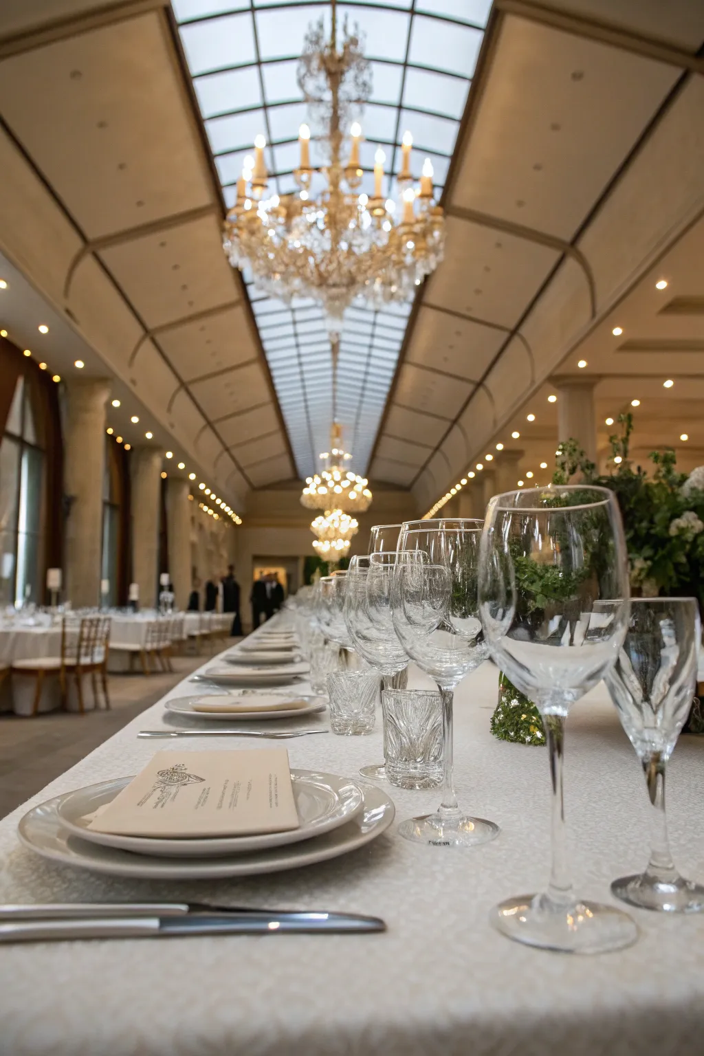Elegant crystal wine and water glasses arranged in a diagonal line on a luxury dinner table.