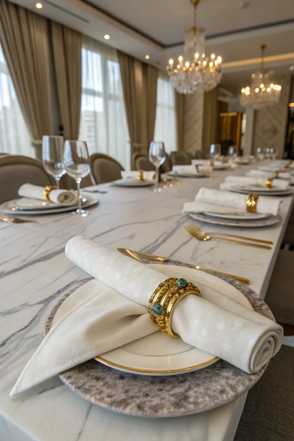 Starched white linen napkins with marble and gold rings at each setting on a luxury table.