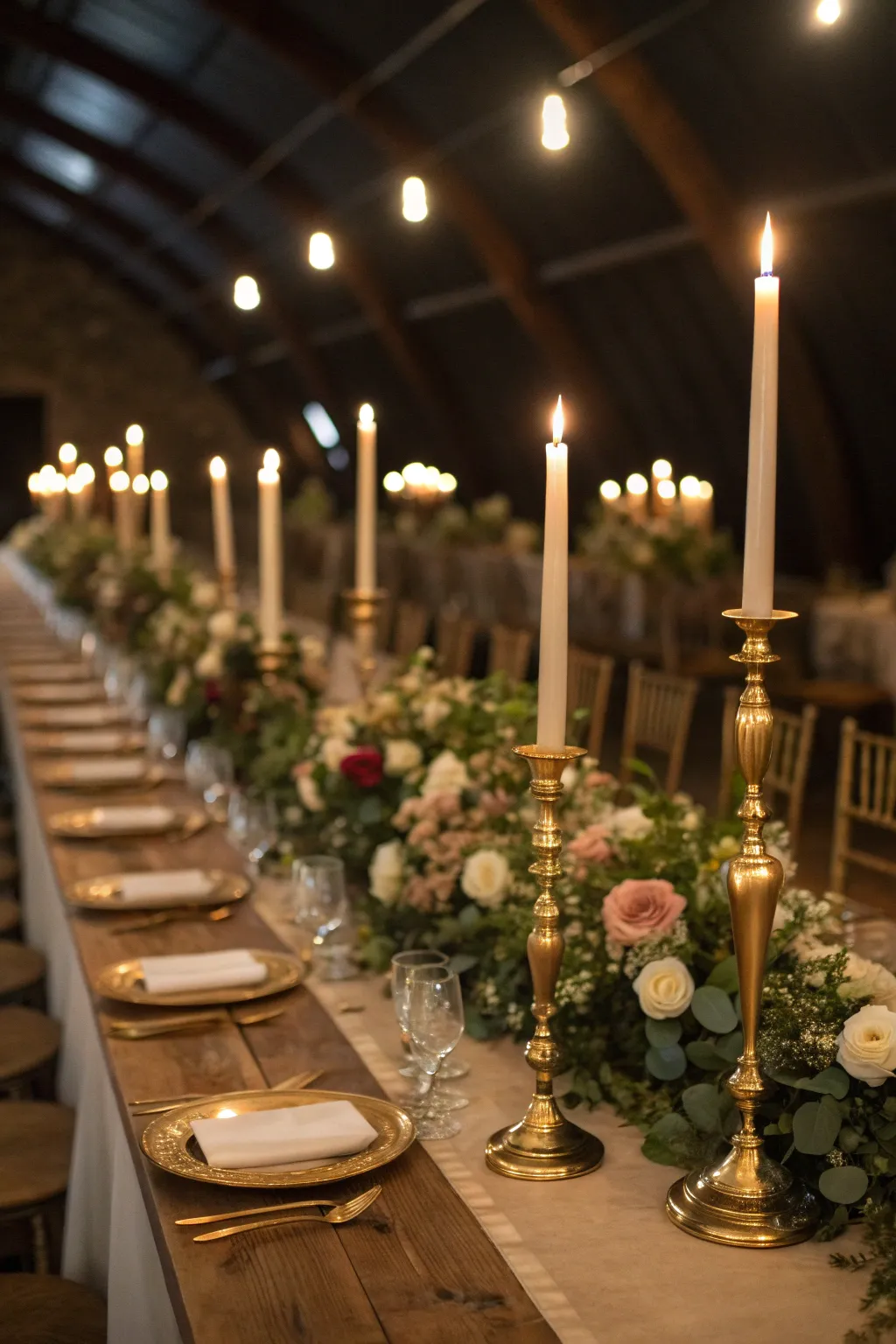 A long luxury dinner table set with ivory taper candles in brass holders and white floral centerpieces.