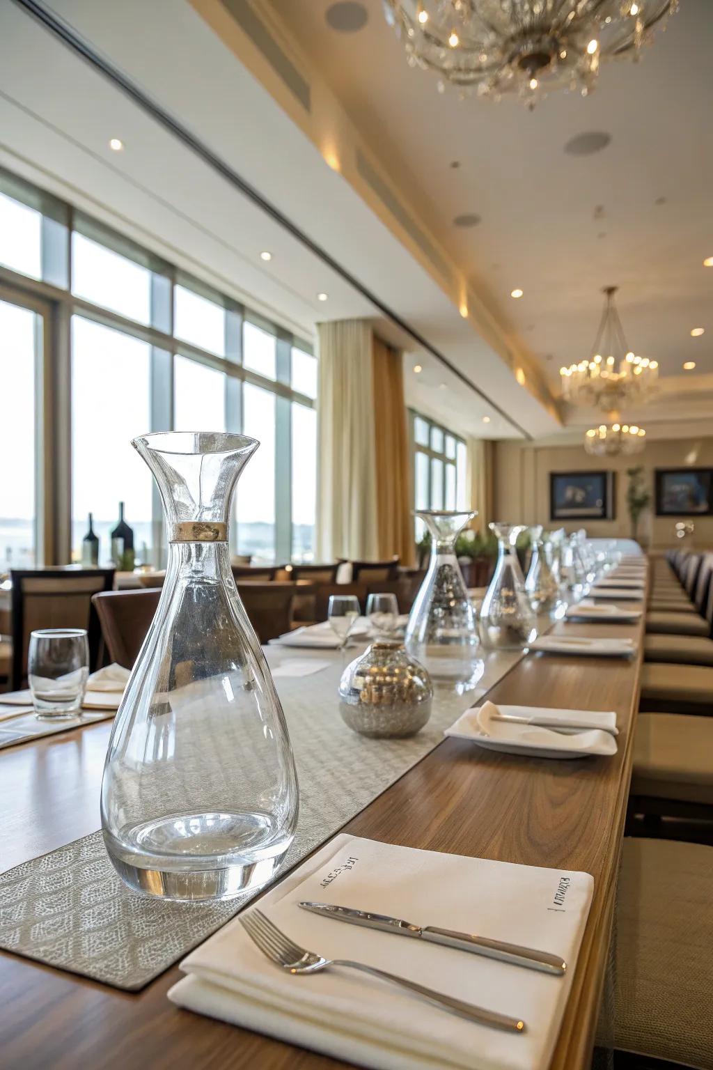 Crystal water carafes placed on a long luxury dining table in a bright, sunlit room.