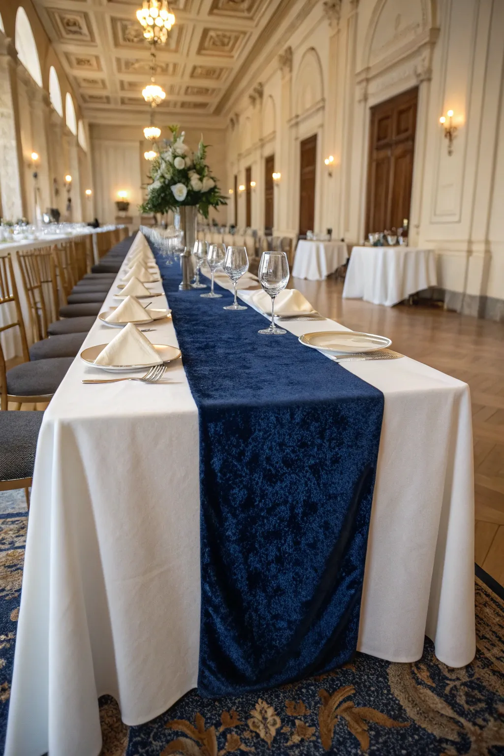 A luxury dinner table with a navy velvet runner over a white tablecloth in a grand dining room.