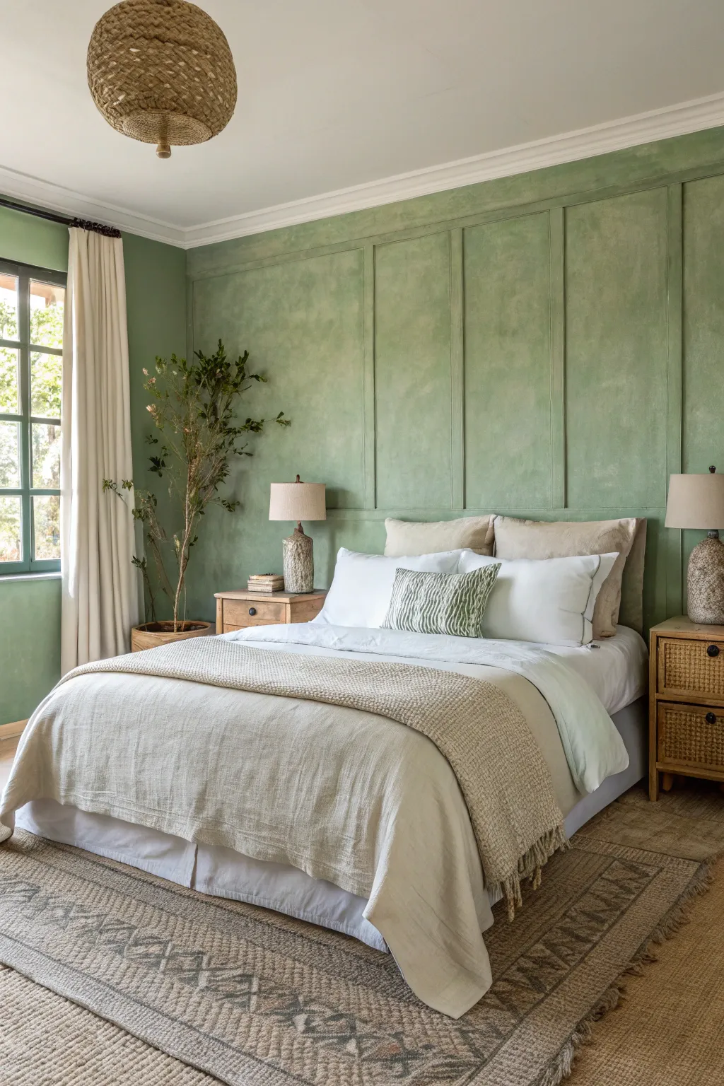 A peaceful bedroom with matte sage green walls and textured cream linen bedding under soft natural light.