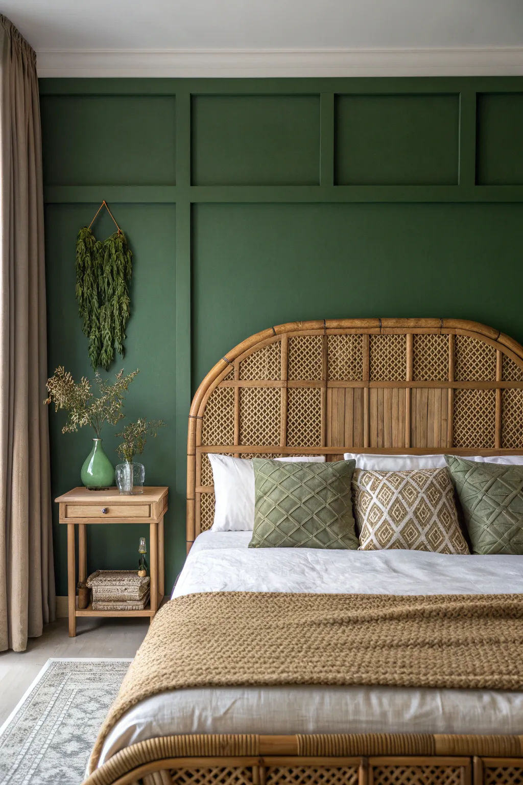 An intricate rattan headboard against a dark olive green wall in a cozy, earth-toned bedroom.