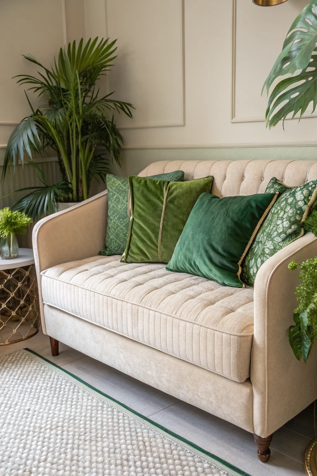 Lush moss green velvet pillows resting on a beige sofa in a stylish, comfortable bedroom nook.