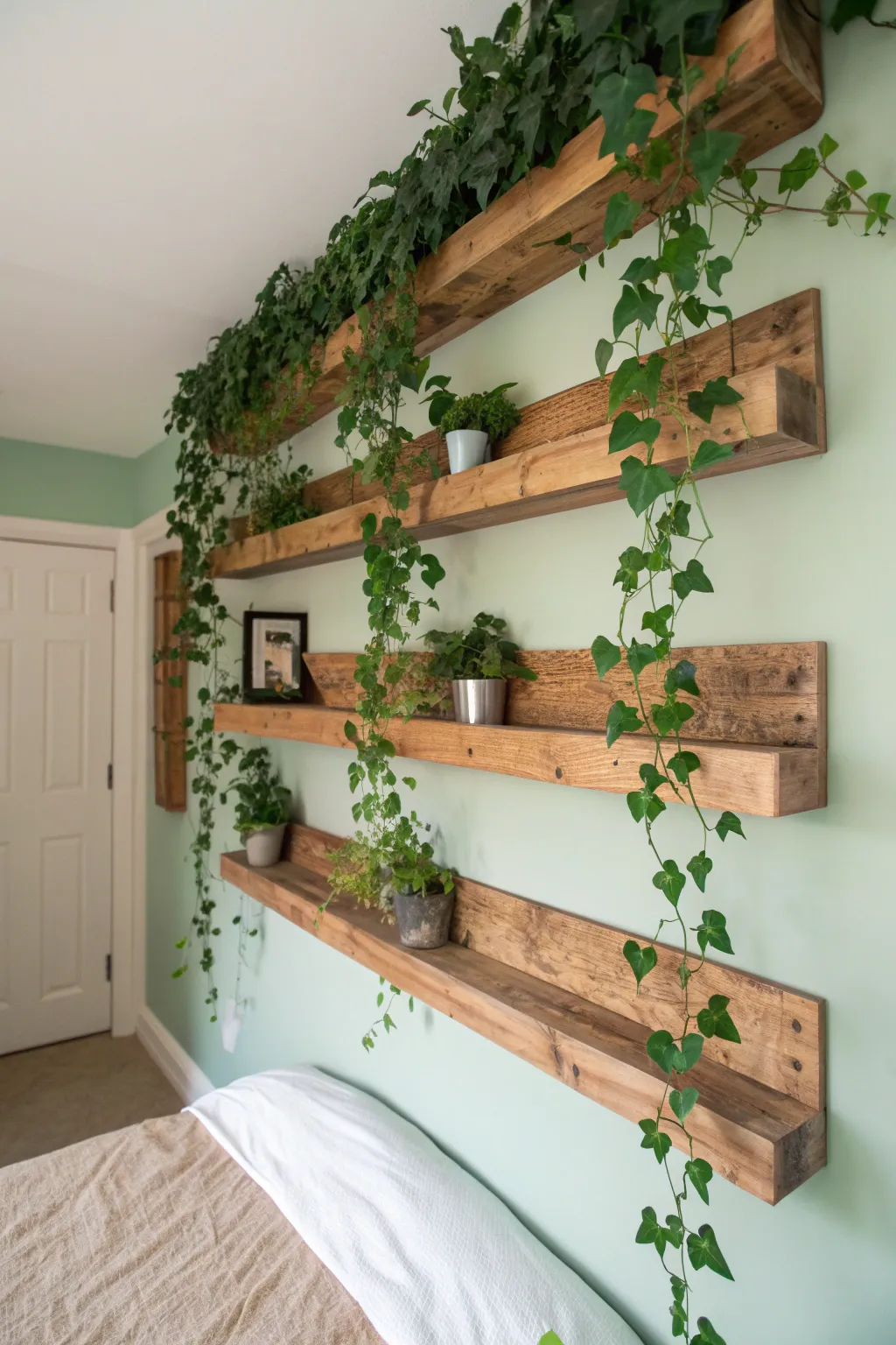 Raw wood floating shelves with trailing green ivy vines on a soft green bedroom wall.