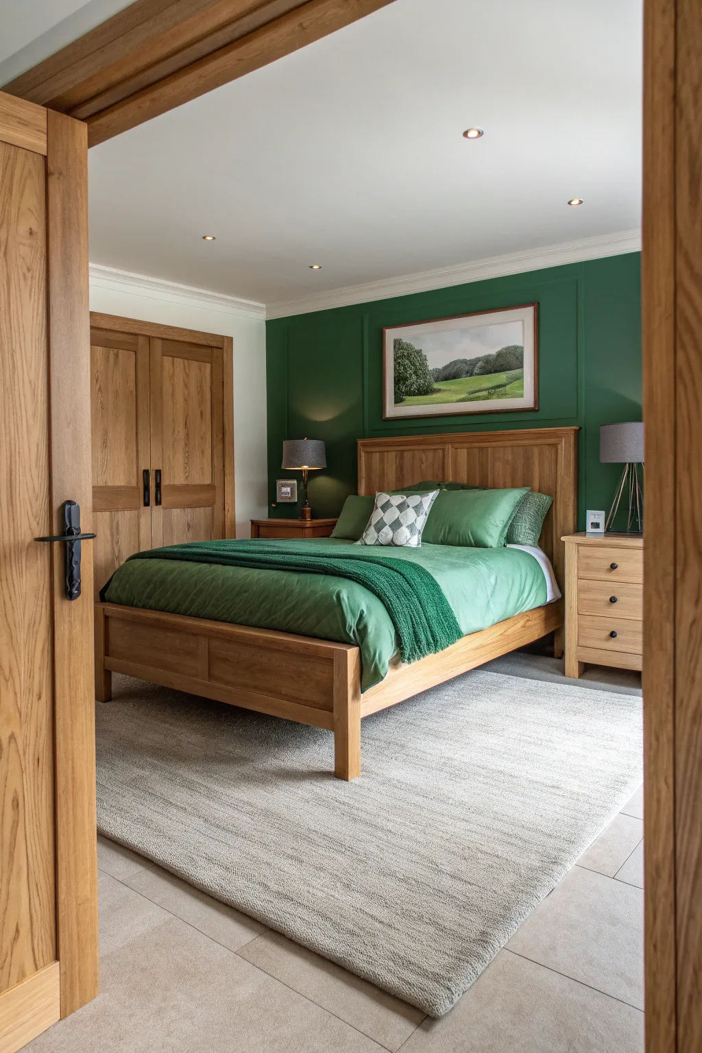 A light oak bed frame with deep forest green bedding in a warm, sunlit natural bedroom.