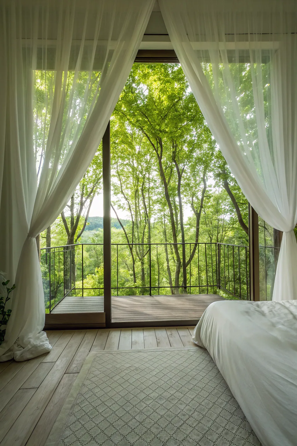 A bright bedroom with sheer white curtains framing a lush view of green trees through a large window.