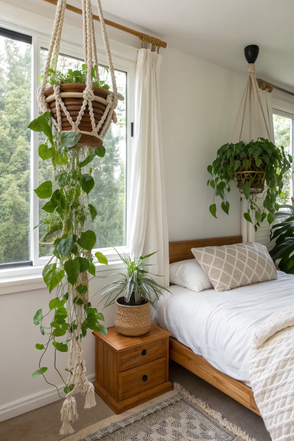 Cream macrame planters with trailing green philodendron plants hanging in a cozy bedroom corner.