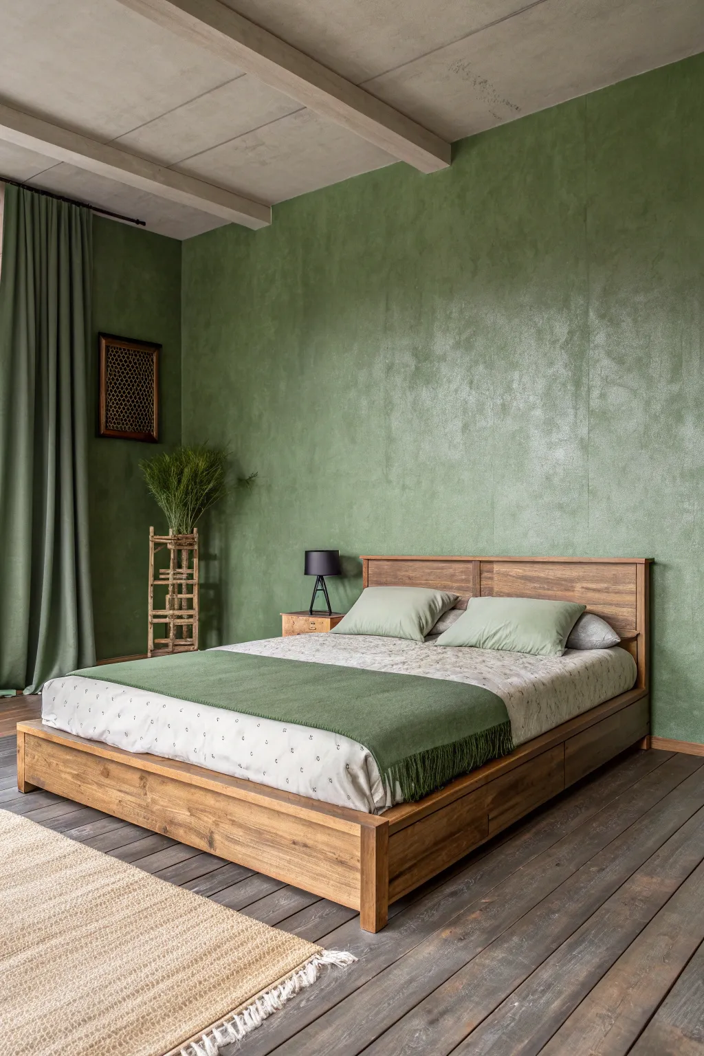 A small bedroom featuring a soft pistachio green accent wall behind a minimalist wooden bed.