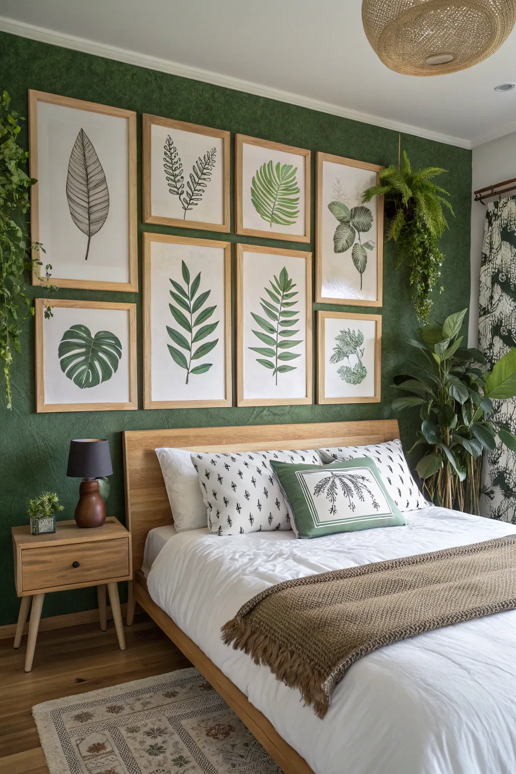A gallery of botanical leaf prints in light wood frames hanging on a white bedroom wall.
