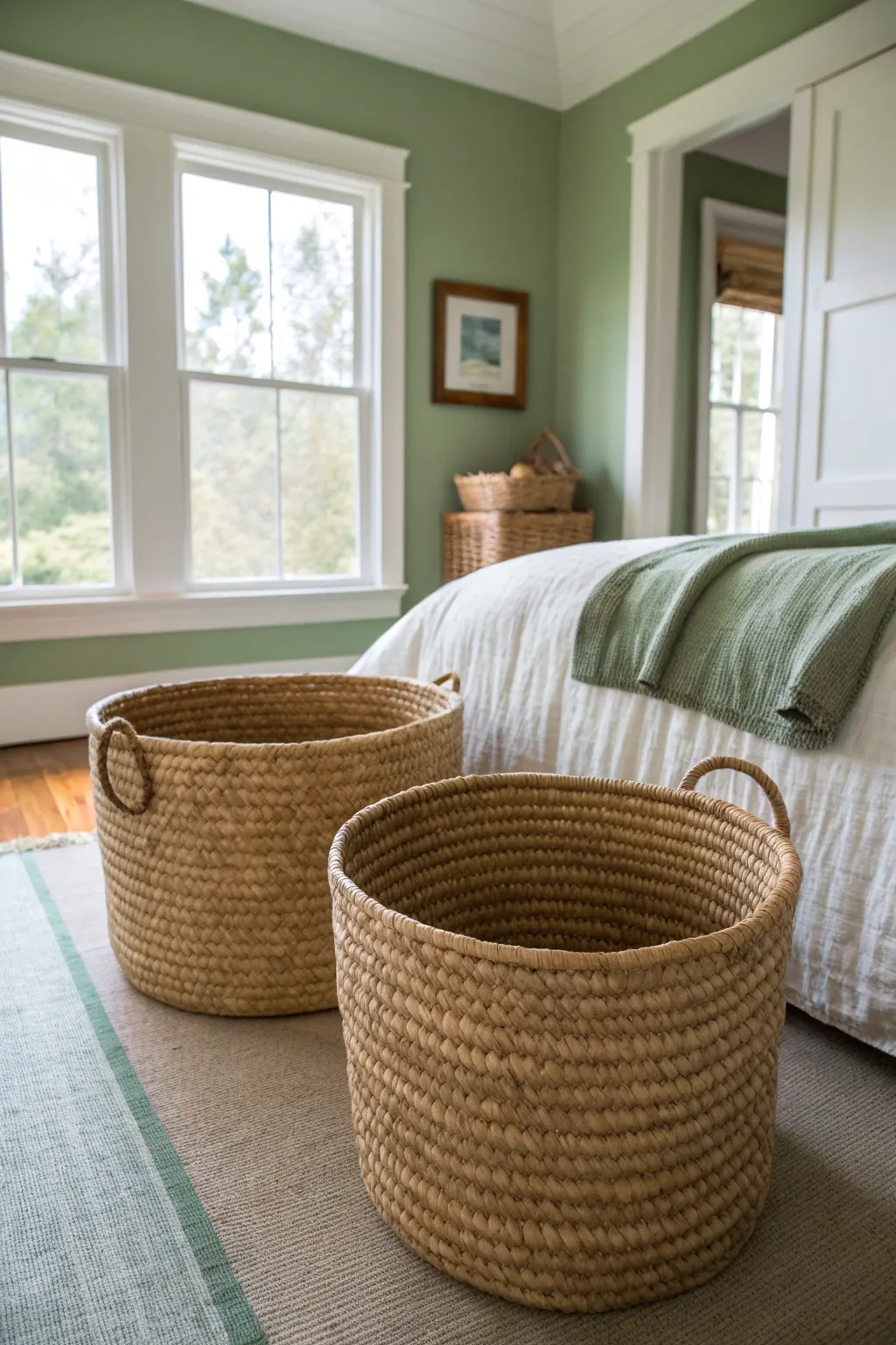 Chunky hand-woven seagrass baskets holding blankets at the foot of a bed in a natural bedroom.