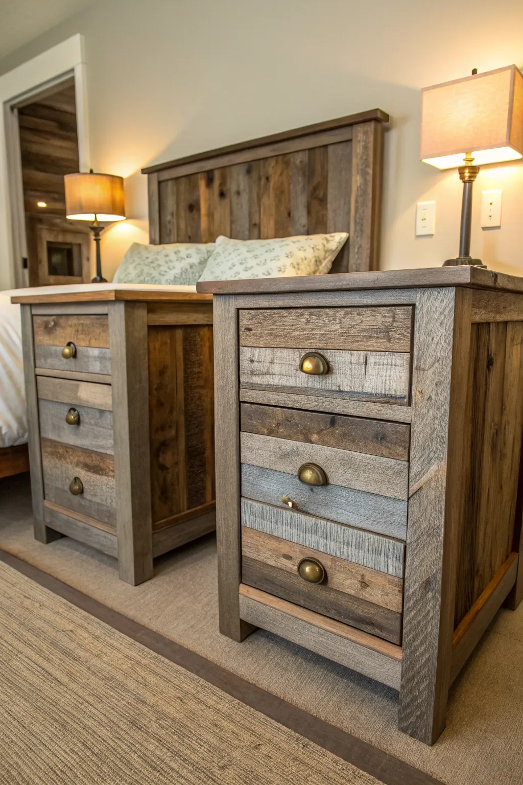 Two rustic reclaimed wood nightstands with brass knobs flanking a bed in a sage green bedroom.