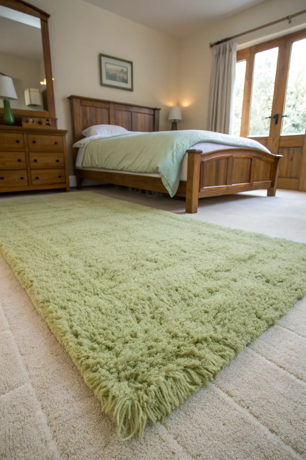 A large pale celery green wool rug covering the floor of a bedroom with dark wood furniture.
