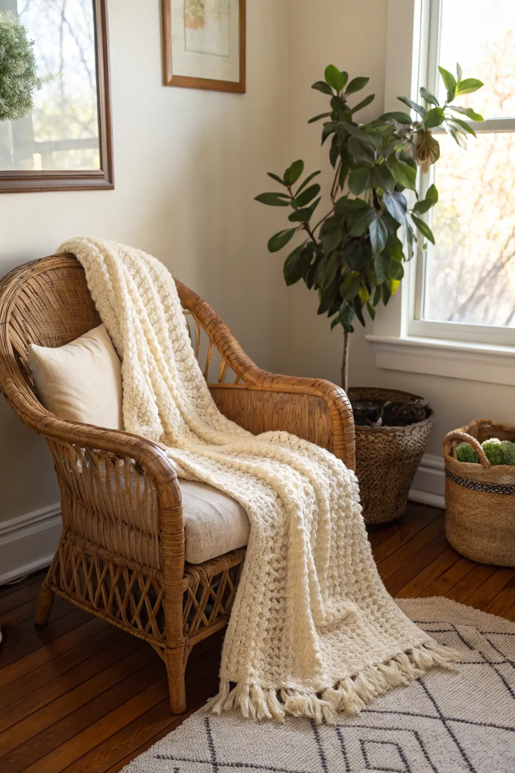 A wicker armchair with a chunky cream knit throw in the corner of a seafoam green bedroom.