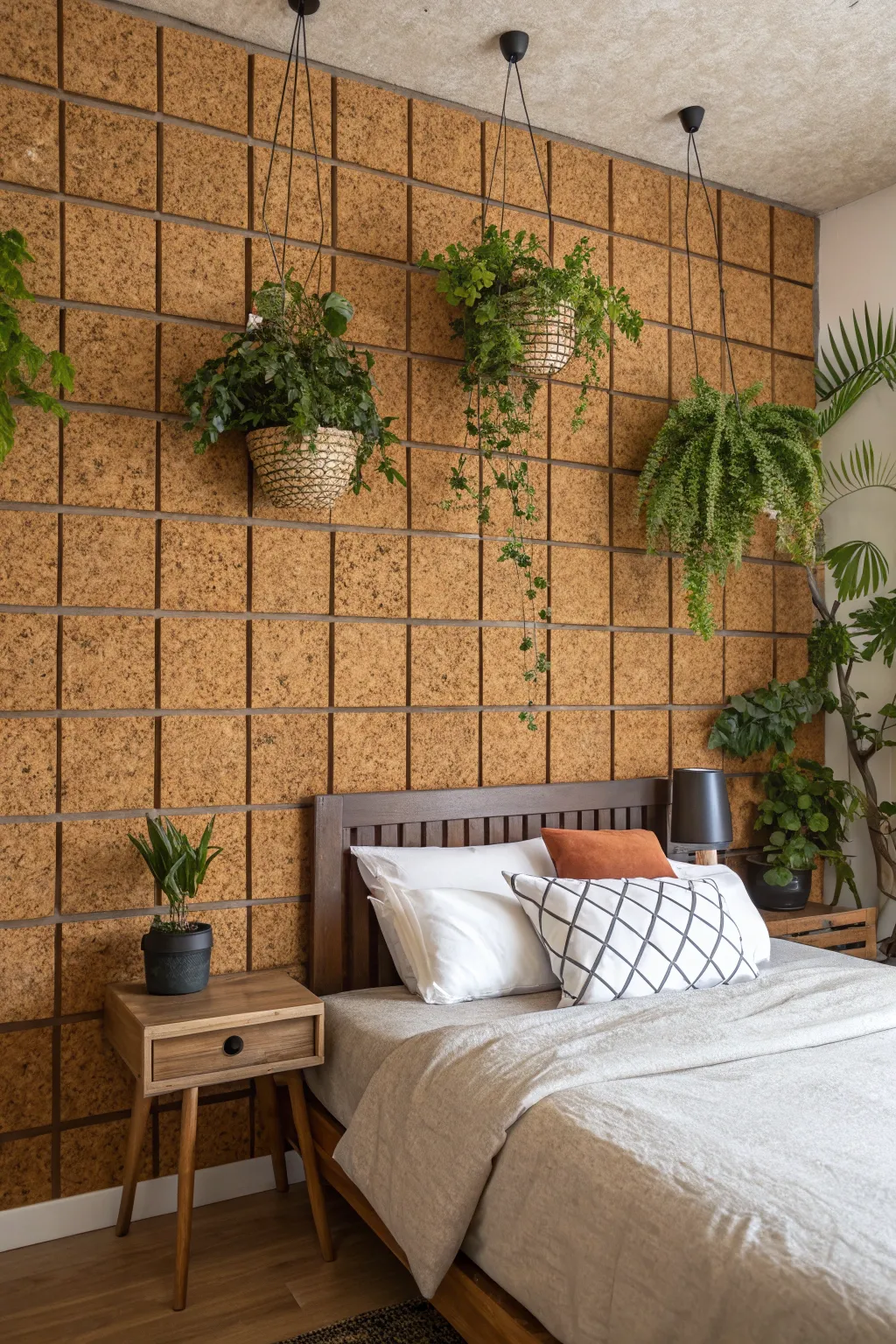 A bedroom accent wall made of textured cork tiles with green plants hanging in front.