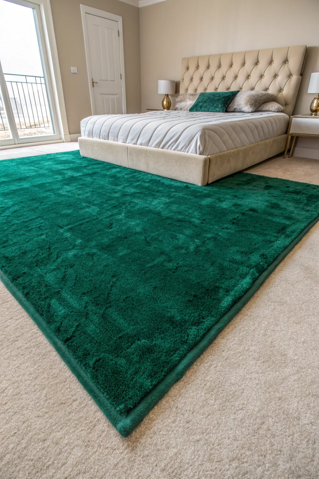A deep emerald green rug layered over neutral beige carpeting in a stylish bedroom.