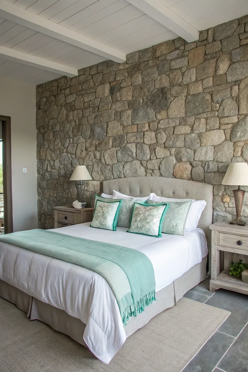 A modern bedroom with stone-gray walls and fresh mint green bedding accents.
