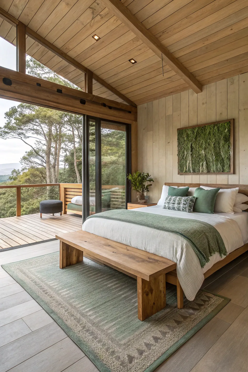 A wide shot of a natural bedroom featuring a wooden bench with sage green cushions at the foot of a bed.