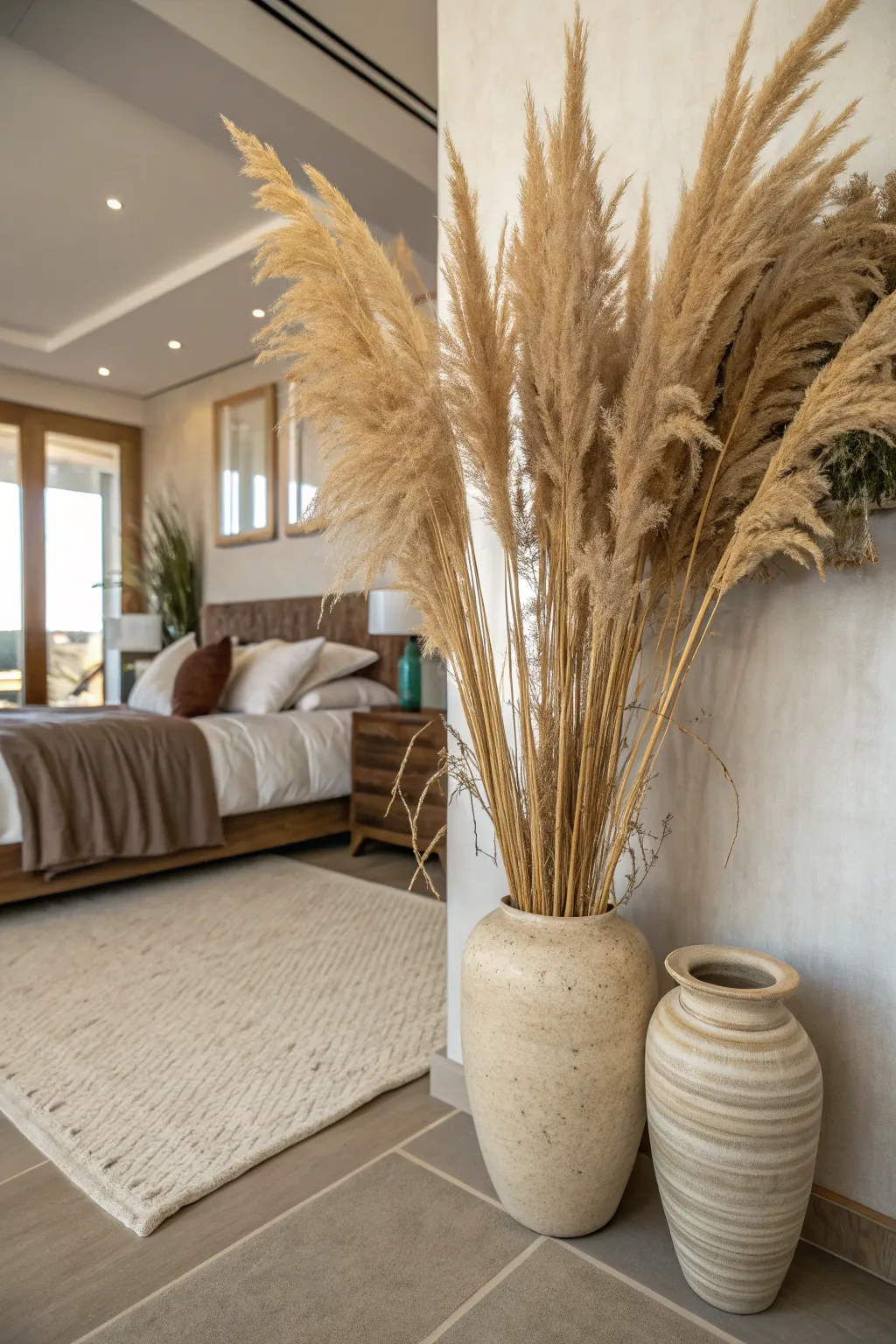 A wide bedroom view featuring tall dried pampas grass in matte ceramic pots against an olive green wall.