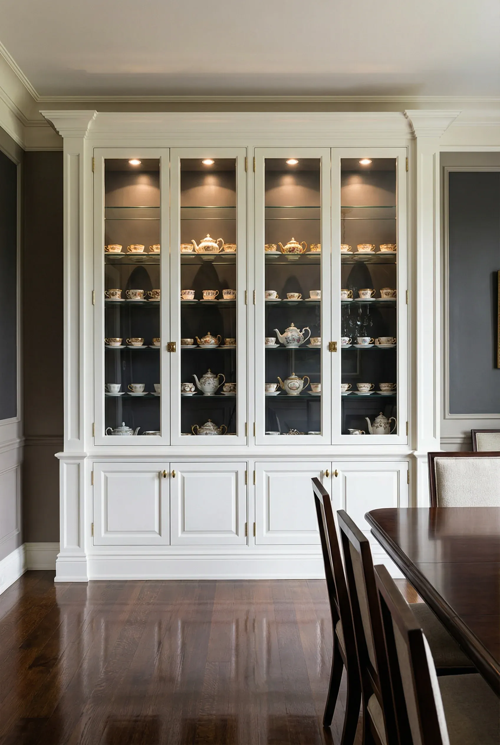 A white glass-front cabinet with a dark interior displaying gold-rimmed vintage tea sets.