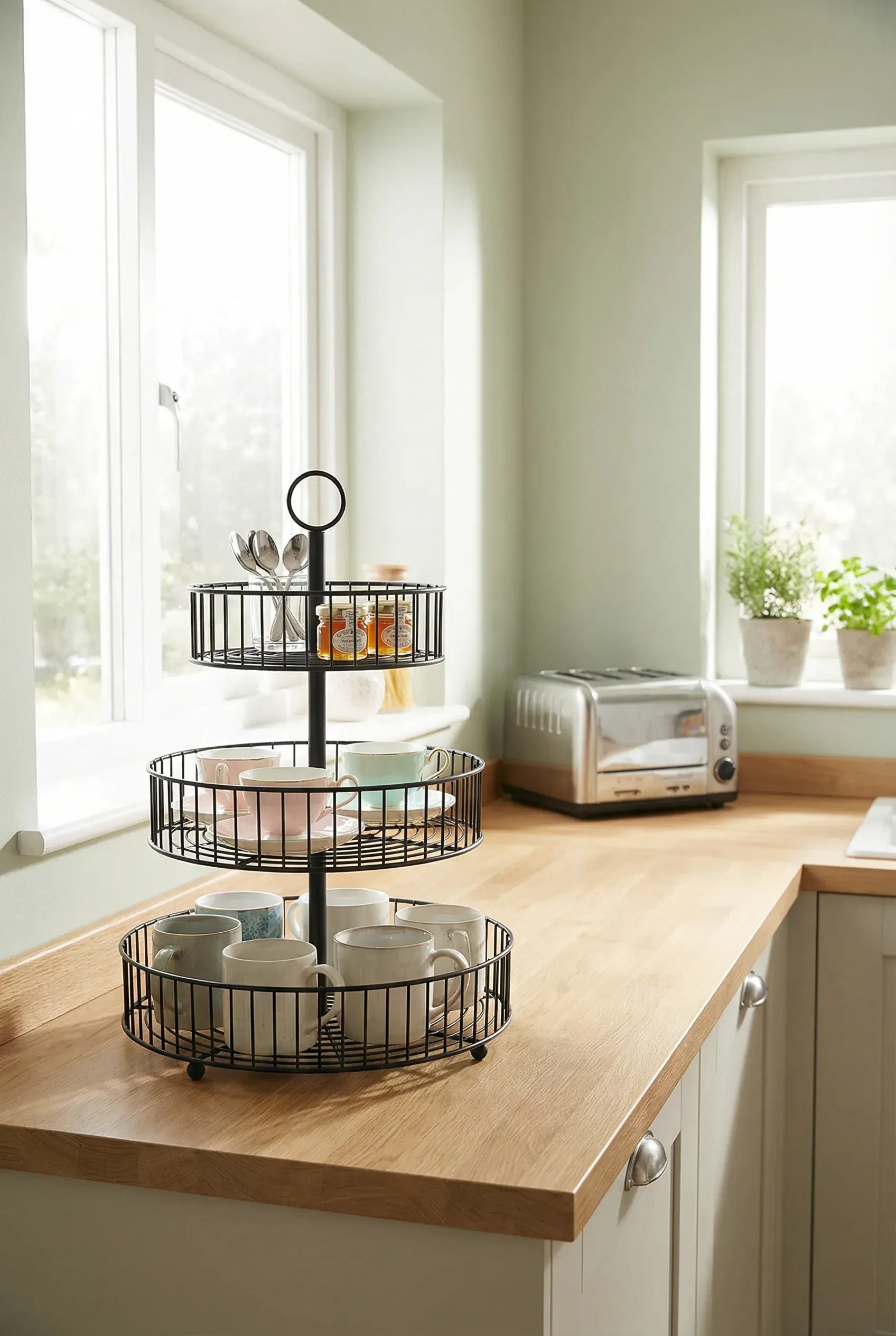 A three-tiered black wire basket on a kitchen counter holding mugs, tea cups, and honey jars.