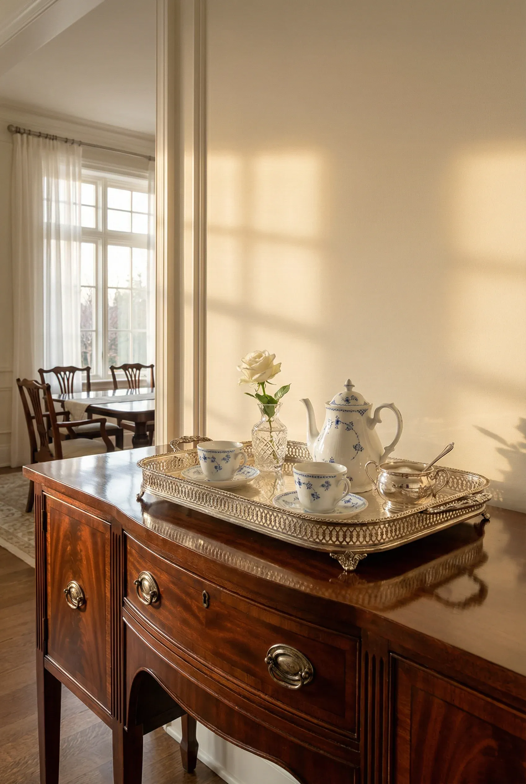 An ornate silver tray holding a white porcelain tea set on a wooden sideboard in a sunlit room.