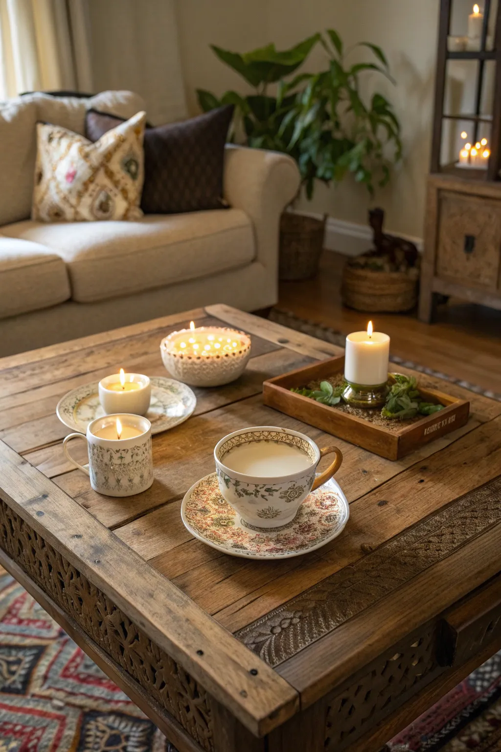 Two decorative vintage tea cups filled with white soy wax candles on a rustic wooden table.