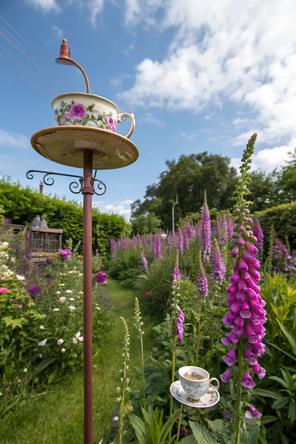 A blue and white vintage tea cup bird feeder mounted on a copper stake in a flowering garden.