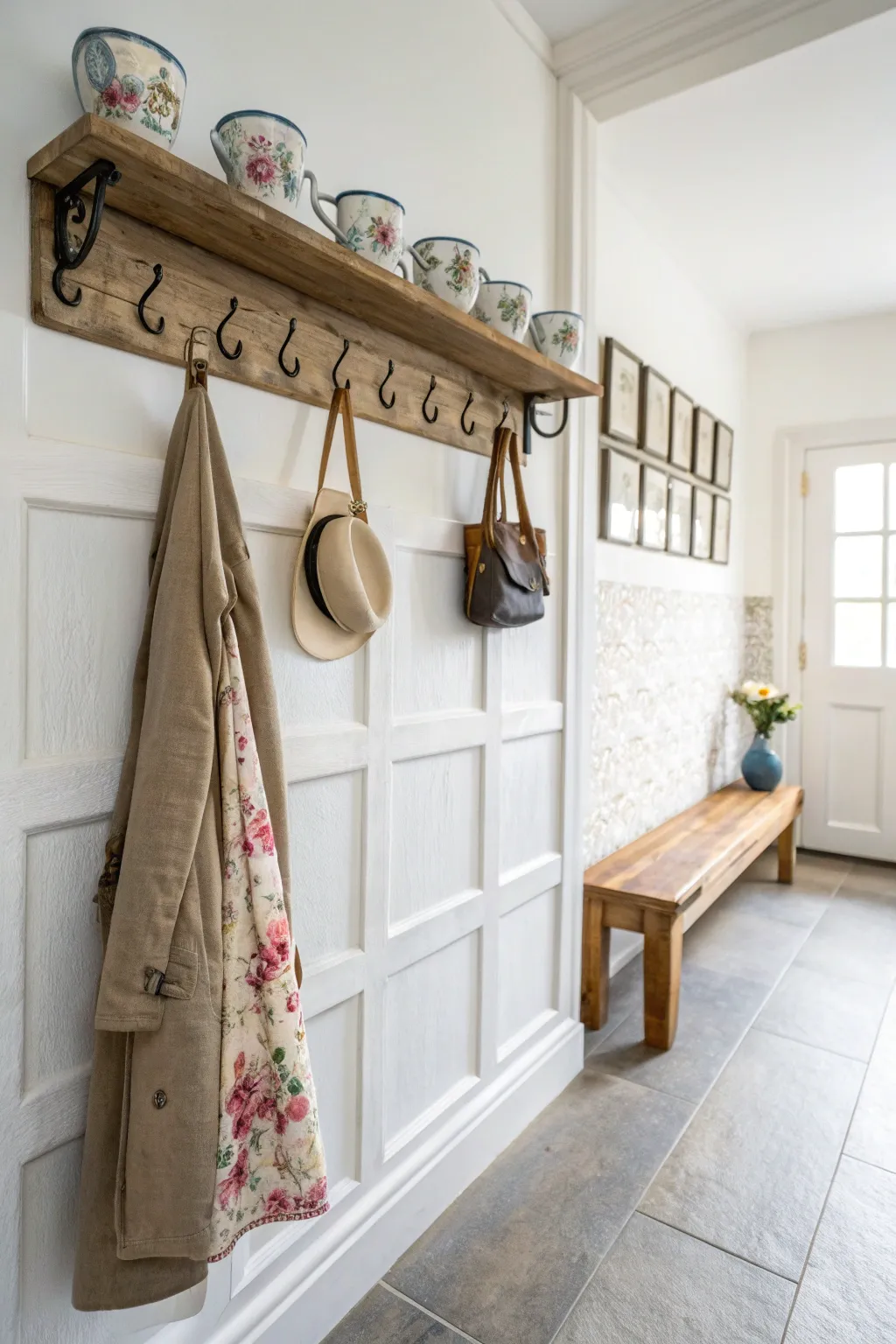 A wall-mounted coat rack made of reclaimed wood and vintage tea cup handles holding a scarf.