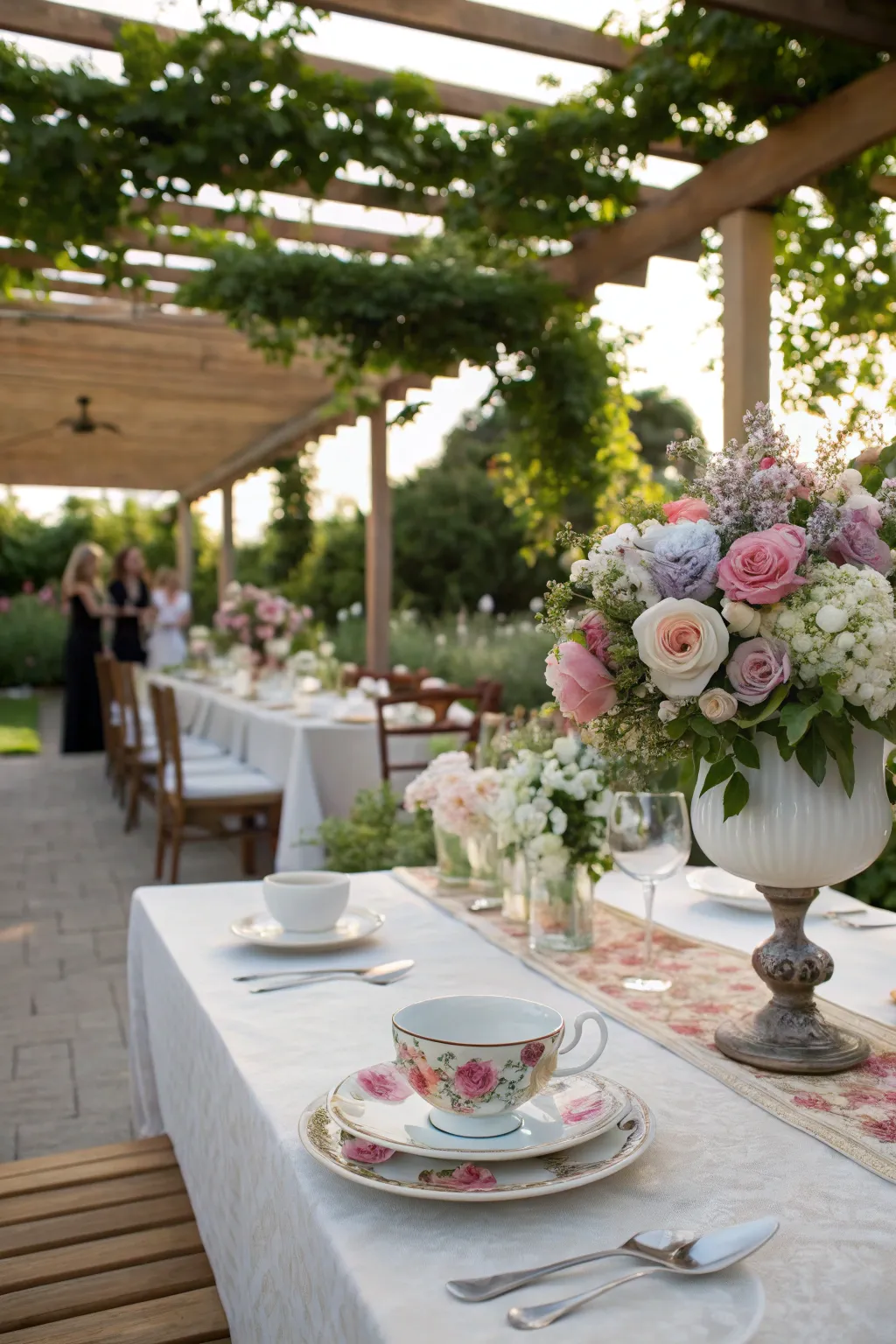 A magical floating tea cup centerpiece with flowers pouring out onto a saucer on a party table.