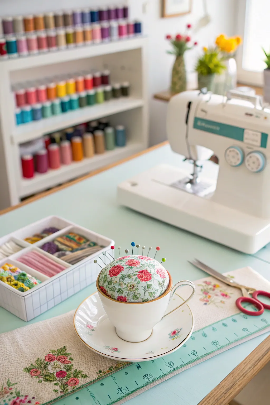 A vintage tea cup pincushion with pearl-headed pins on a colorful sewing table with tools.
