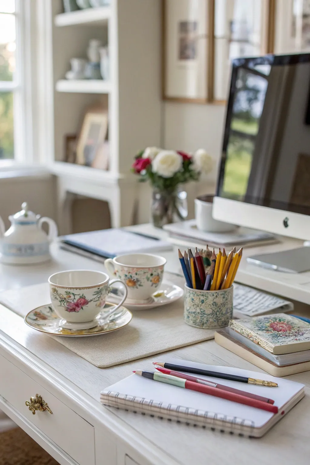 A modern desk with vintage tea cups holding office supplies like paperclips and pins.