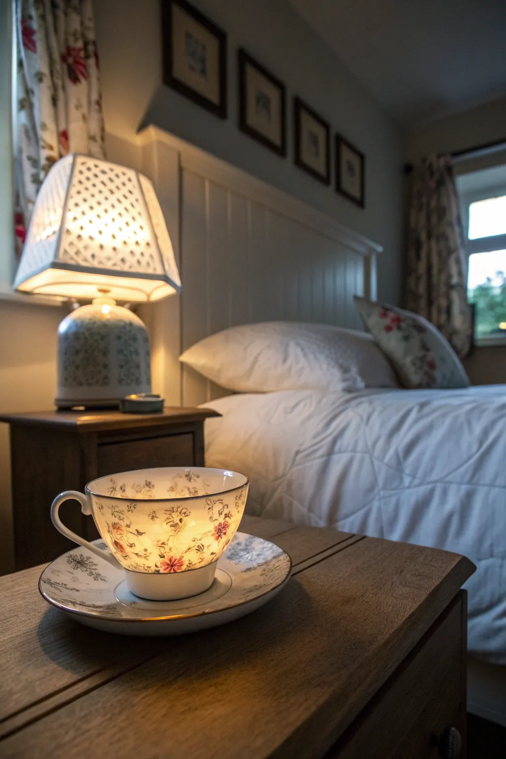 A glowing bone china tea cup used as a nightlight on a bedside table in a cozy room.