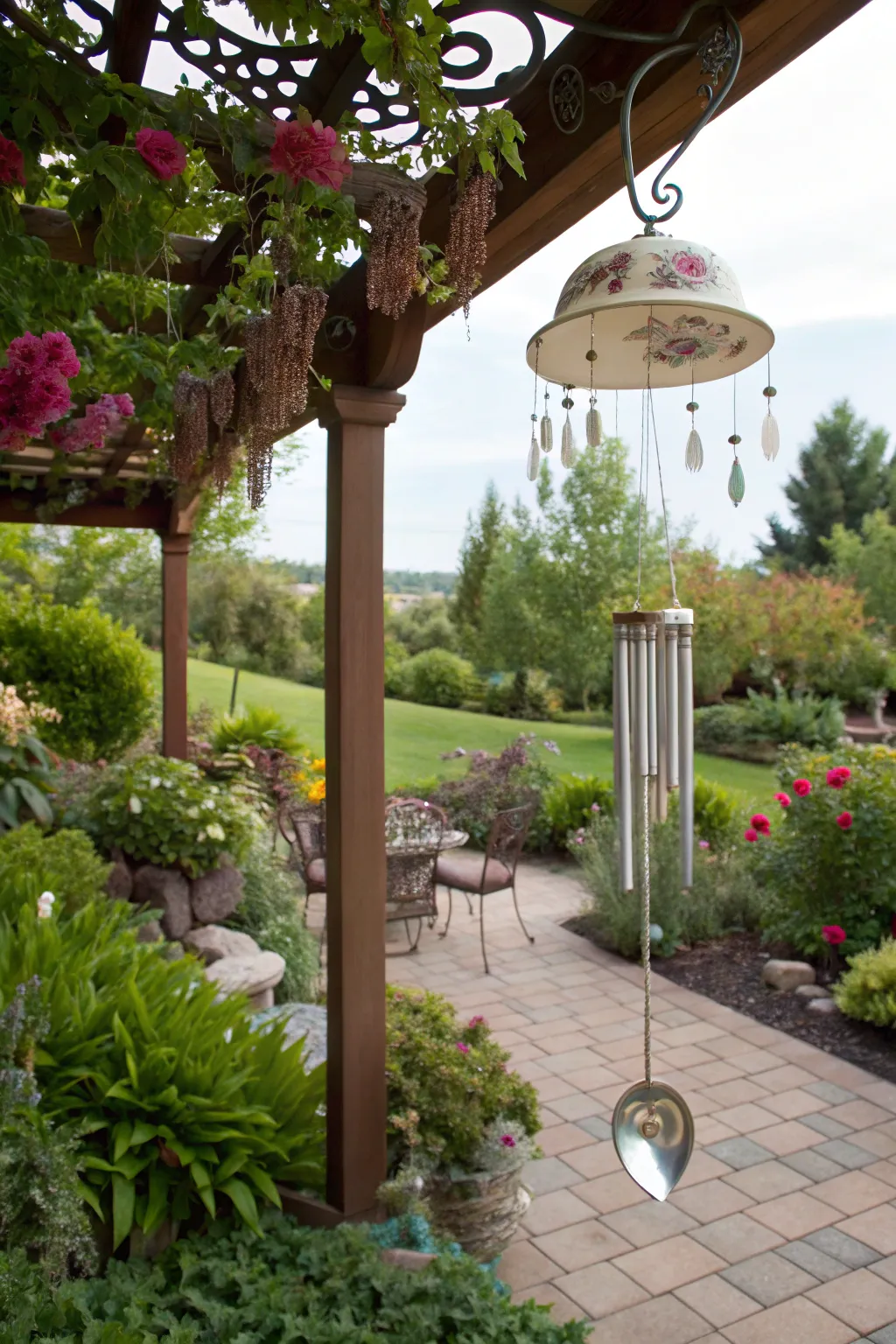 A decorative wind chime made from a vintage tea cup and silver spoons hanging in a garden.
