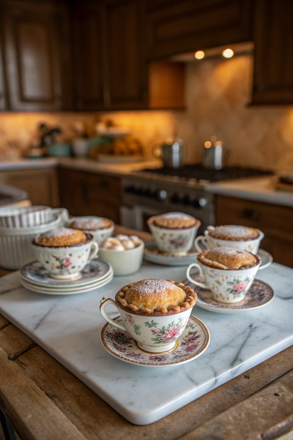 Individual fruit crumbles baked and served inside colorful vintage porcelain tea cups.