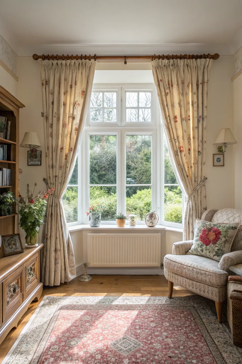 Linen curtains held back by decorative vintage tea cups mounted on a living room wall.