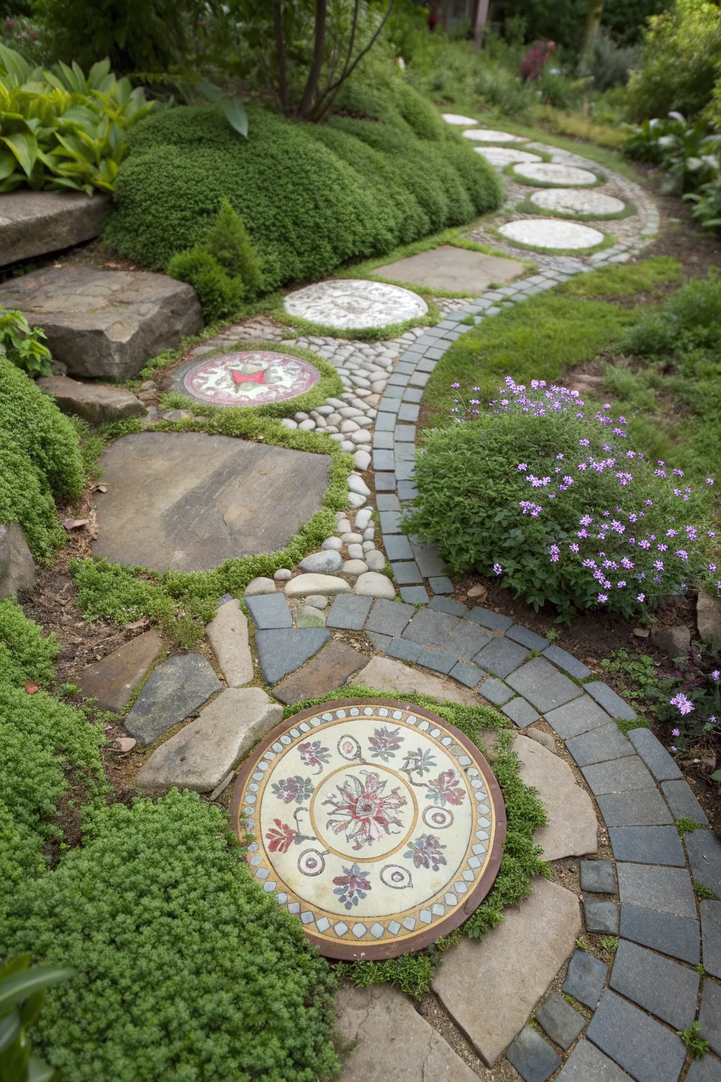 A decorative garden stepping stone made of colorful broken vintage tea cup shards set in a lush green garden.
