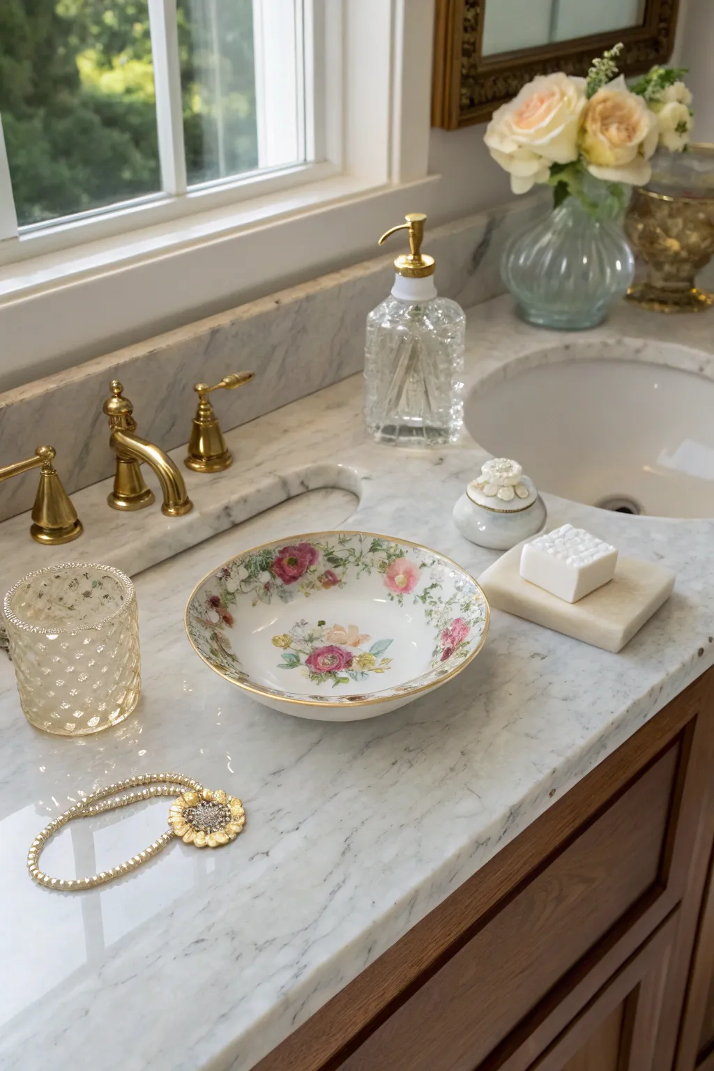 A vintage floral tea saucer used as a soap dish on a clean, white marble bathroom vanity.