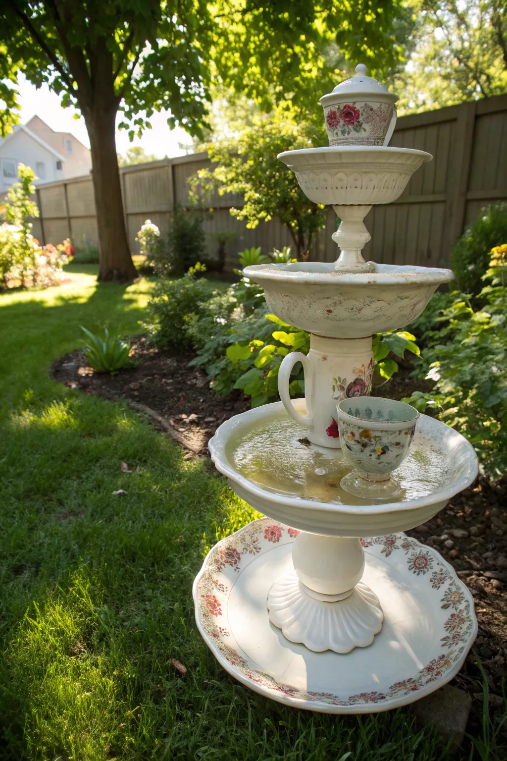 A tiered bird bath made from a stacked vintage teapot and saucers standing in a sunny backyard garden.
