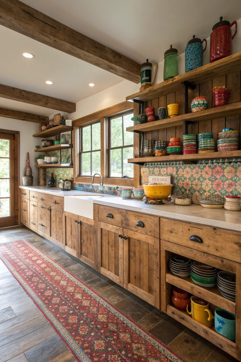 Open reclaimed wood shelves in a bright kitchen filled with colorful mismatched ceramic mugs.
