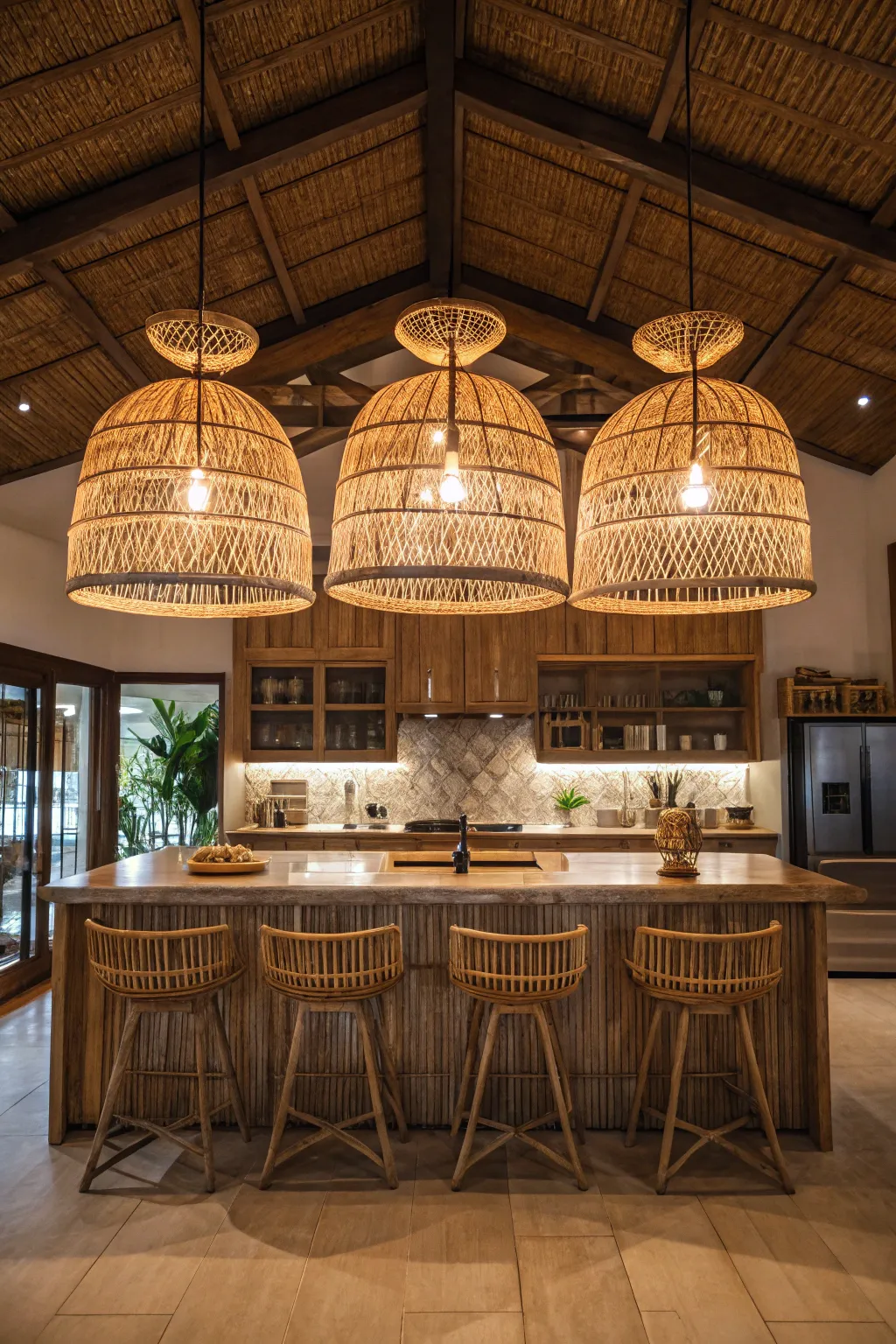 Large woven rattan pendant lights hanging over a wooden kitchen island in a warm boho setting.