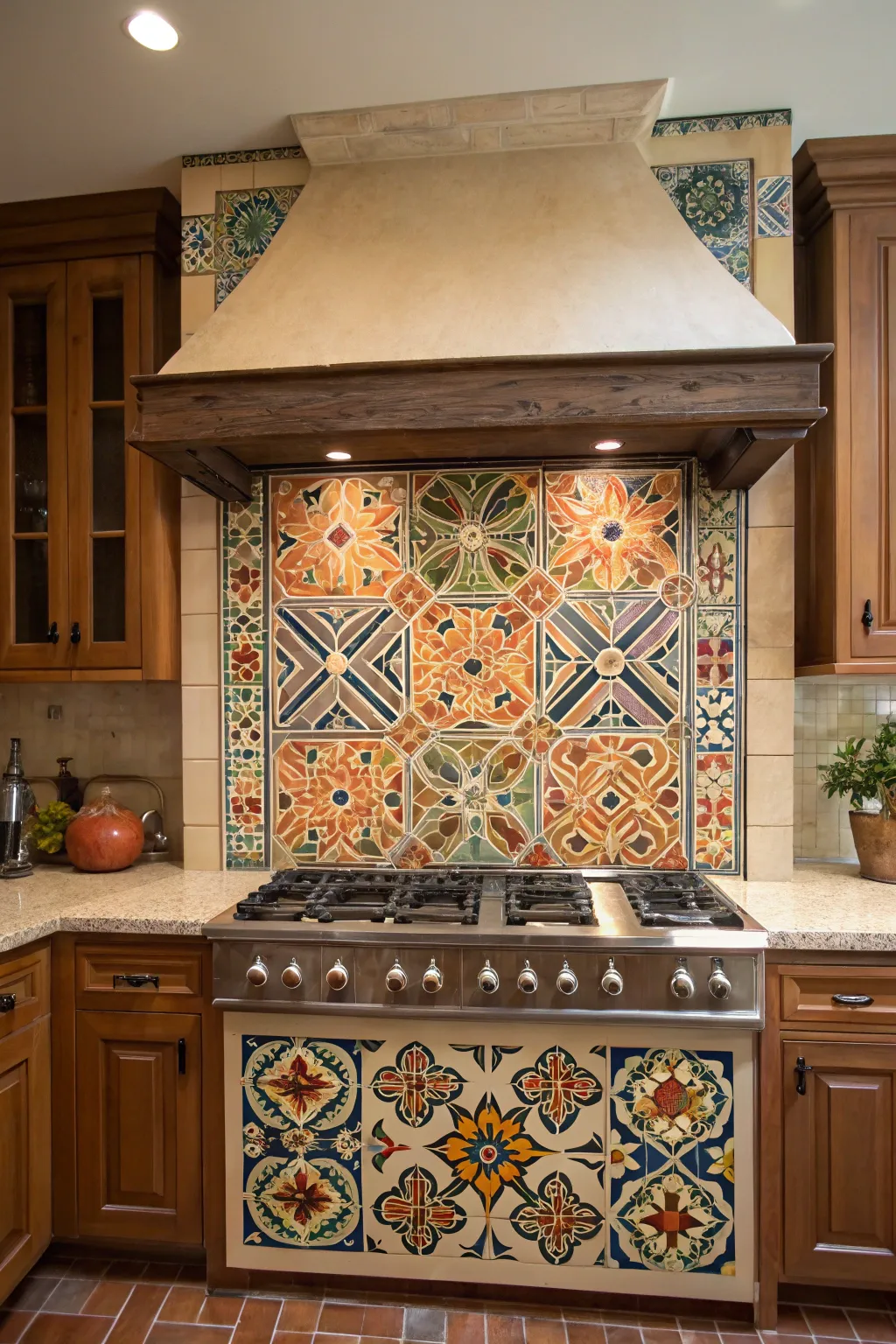Hand-painted patterned terracotta tiles used as a backsplash in a rustic bohemian kitchen.