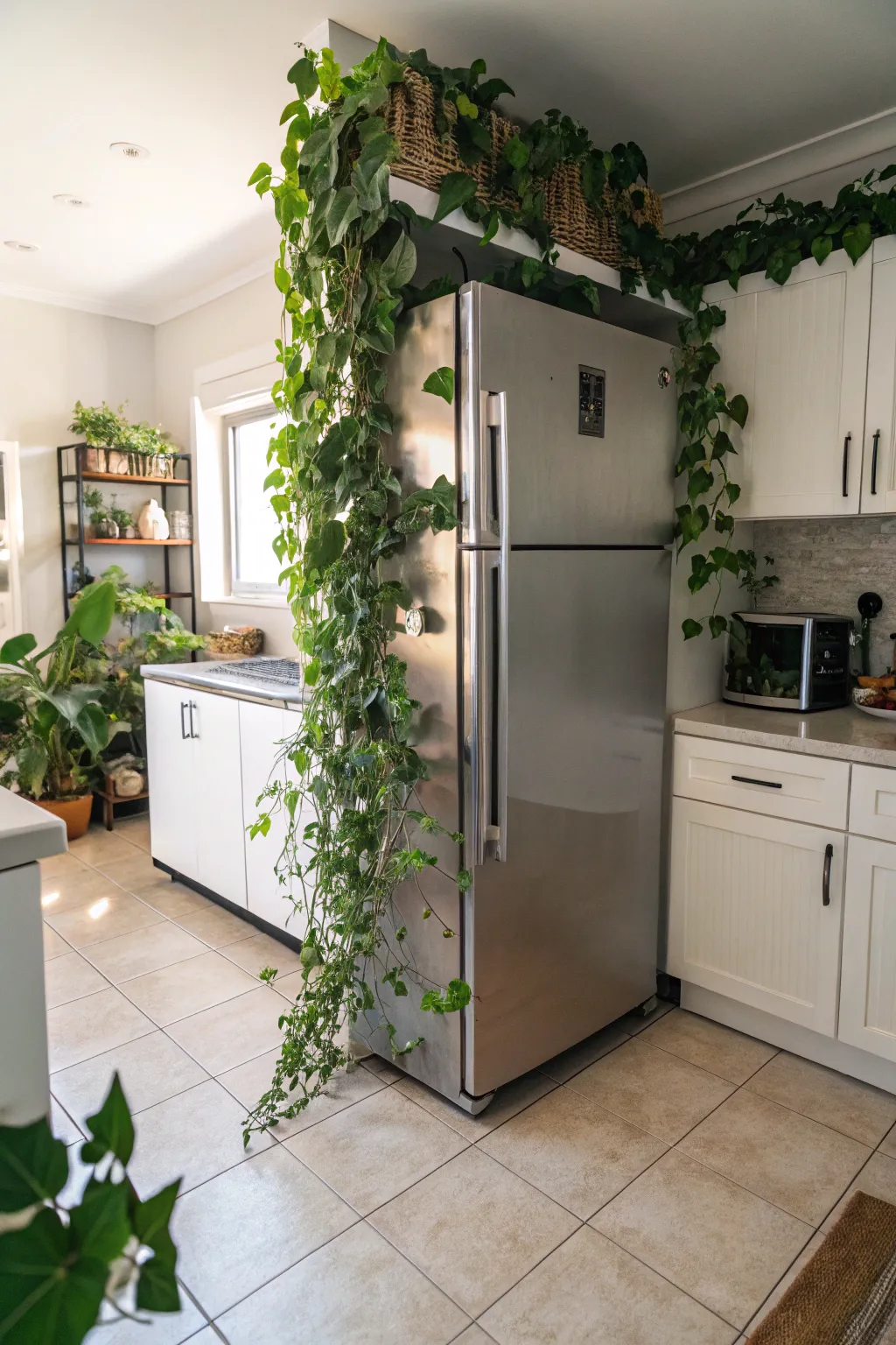 Green ivy vines cascading down the side of a refrigerator in a bright bohemian kitchen.
