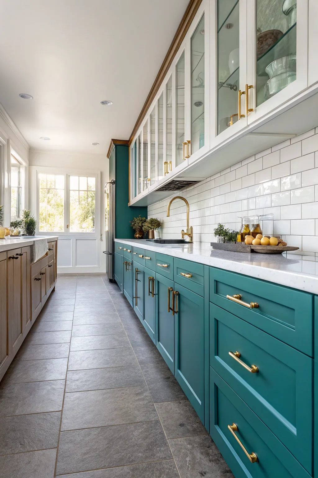 Bold teal lower kitchen cabinets with aged brass handles and a wooden countertop.