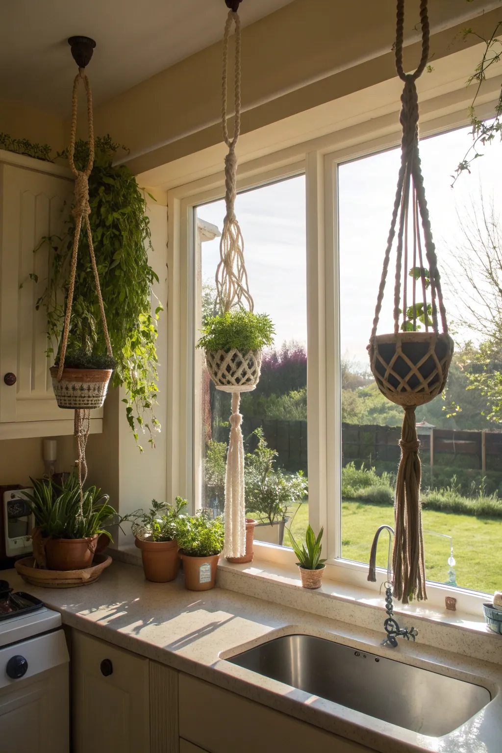 Handmade macramé plant hangers with green plants hanging in front of a sunny kitchen window.