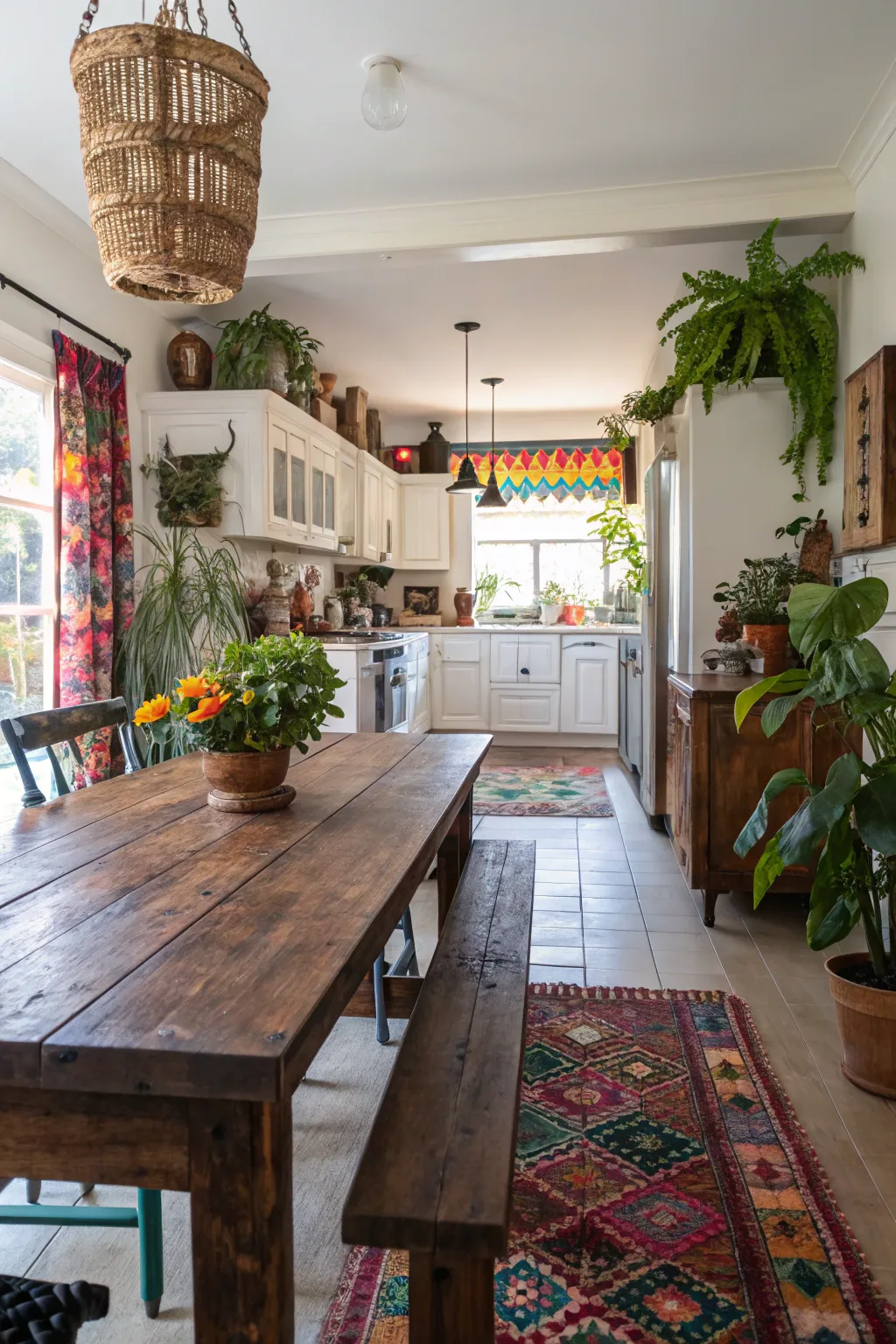 A rustic antique wood table surrounded by colorful mismatched chairs in a bright boho kitchen.