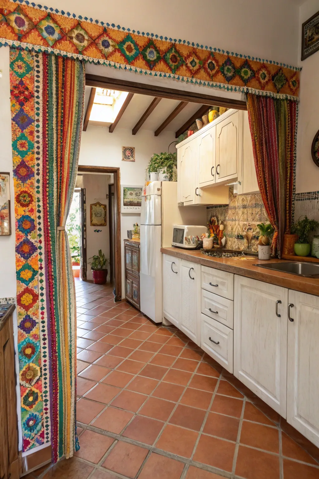 A colorful beaded curtain hanging in an open doorway of a bohemian styled kitchen.