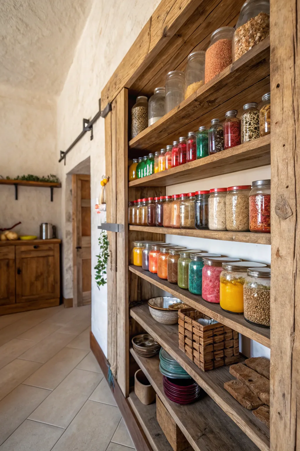 Tiers of colorful glass jars filled with grains on open wooden shelves in a boho kitchen.